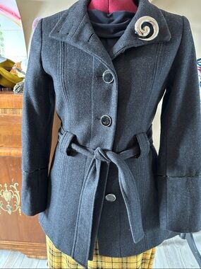 cleo Black Wool-Blend Belted Trench Coat with Statement Brooch